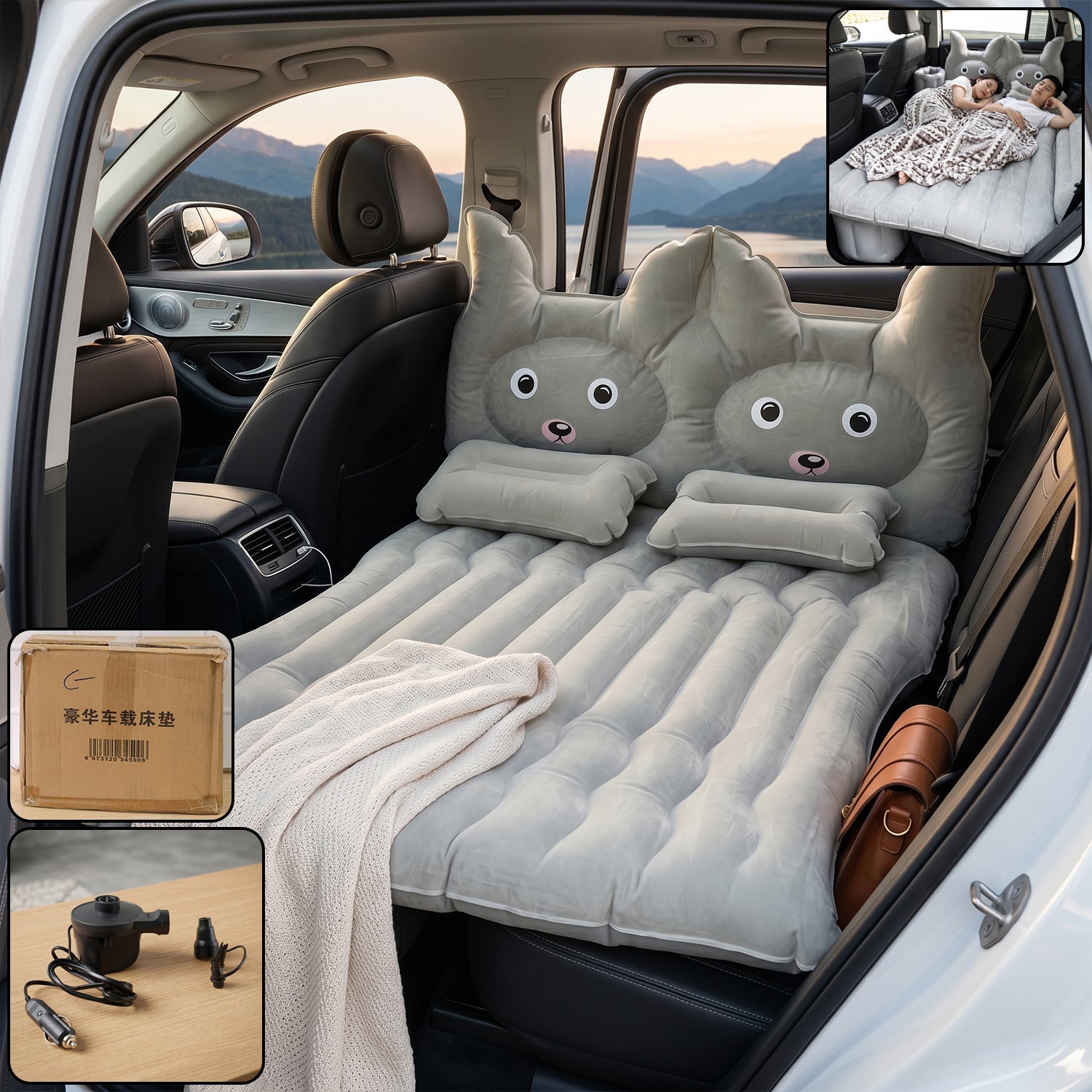 Car Air Mattress Bed Set with Inflatable Cushions and Pump -1 Set (Mix Design)
