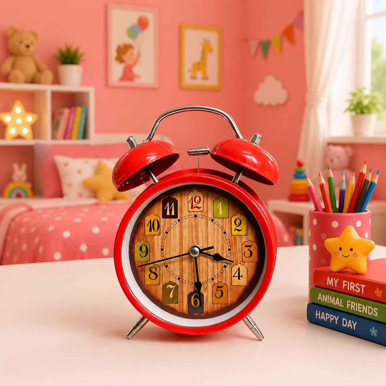 Vintage Twin Bell Alarm Clock with Wooden Dial for Table Decor (Random Color 1 PC)
