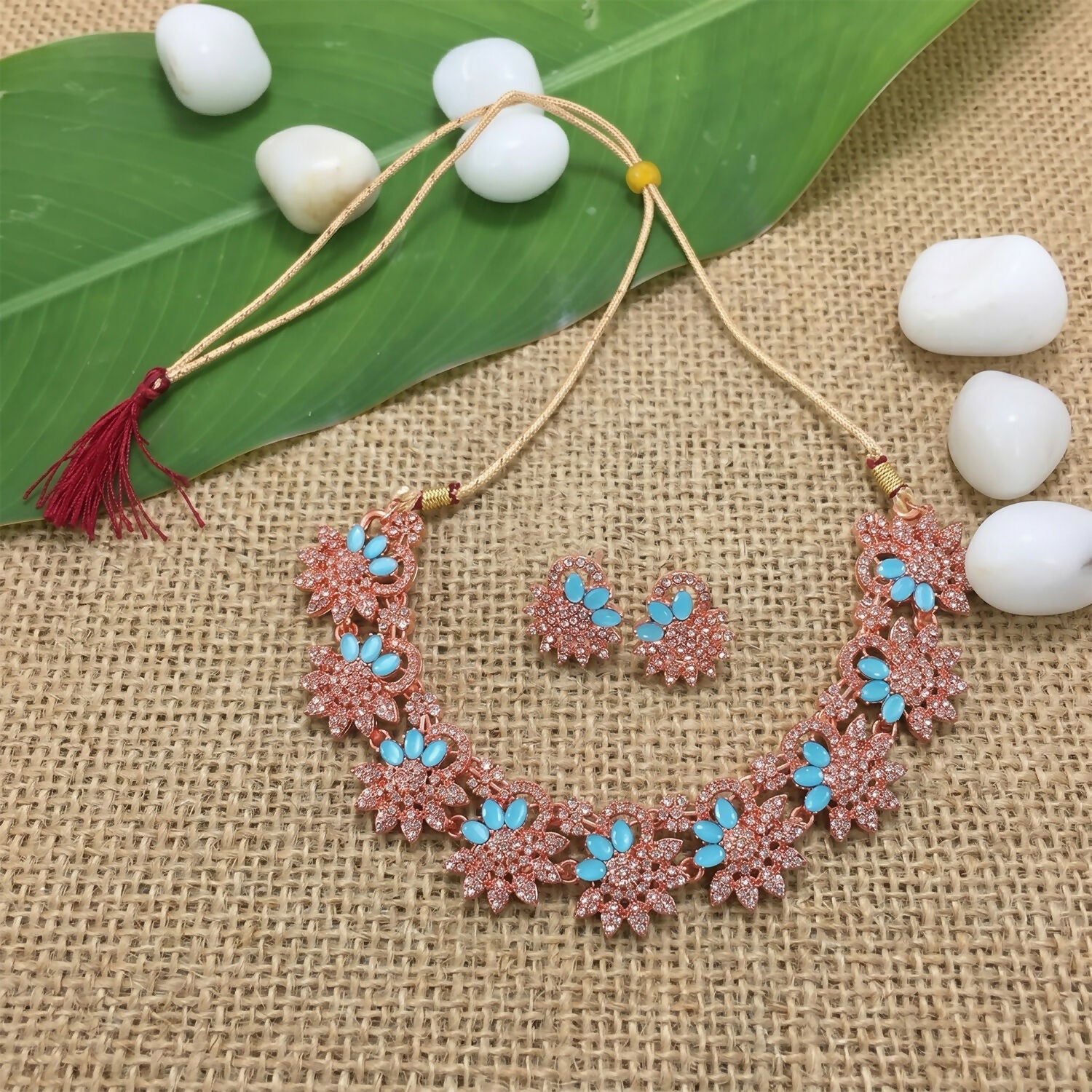 Elegant Blue Stone Floral Necklace Set with Matching Earrings for Women