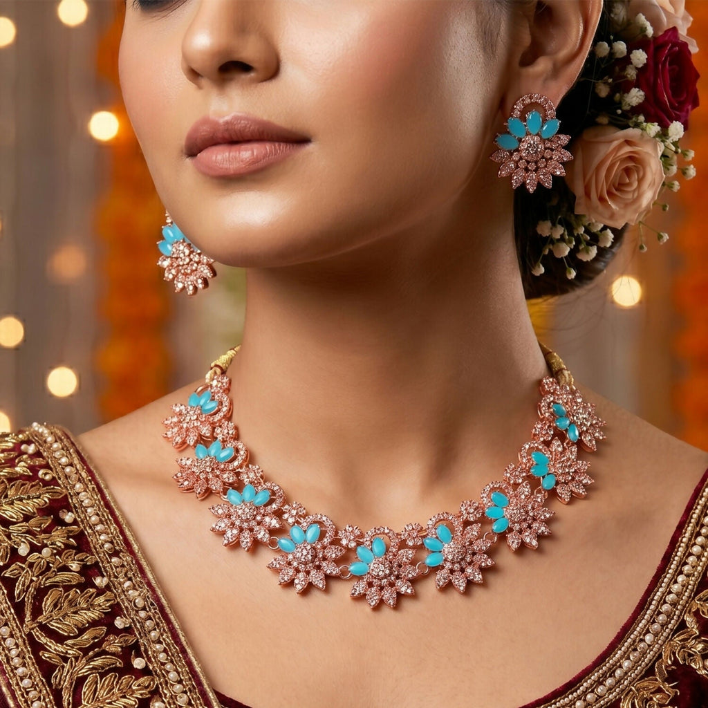 Elegant Blue Stone Floral Necklace Set with Matching Earrings for Women