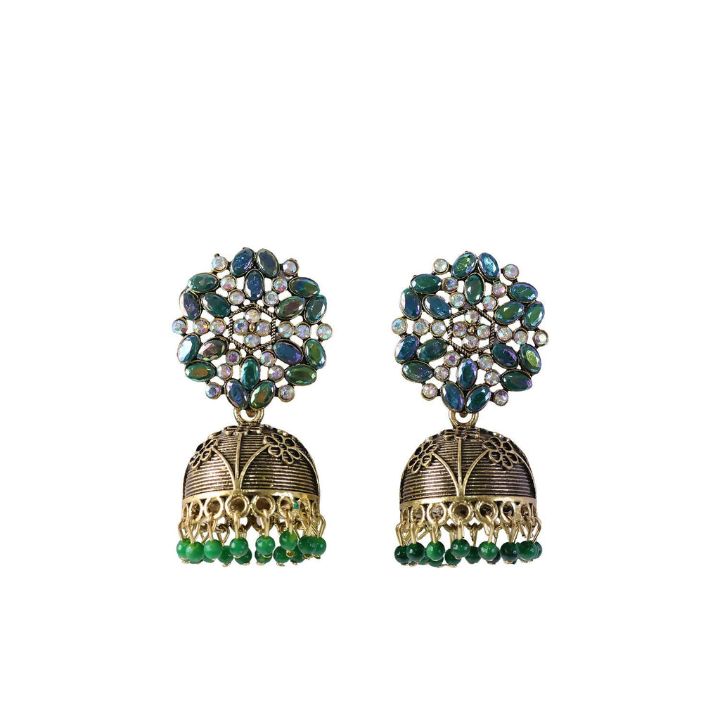 Antique Golden Jhumka Earrings with Green Stone Floral Top