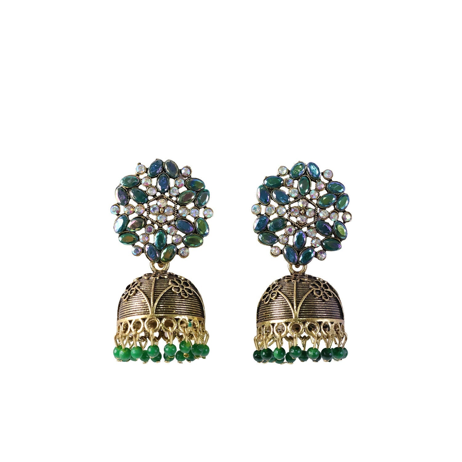 Antique Golden Jhumka Earrings with Green Stone Floral Top