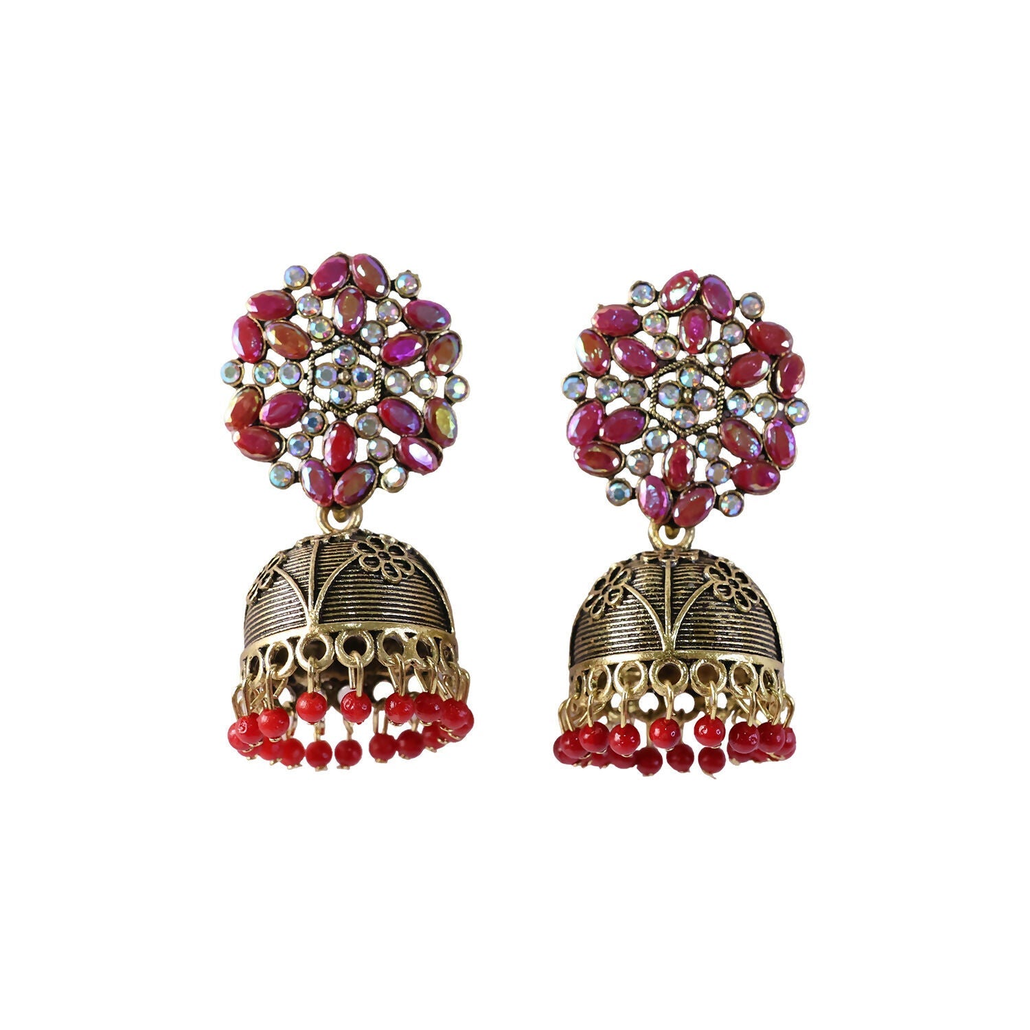 Antique Golden Jhumka Earrings with Red Stone Bead Hanging Floral Design