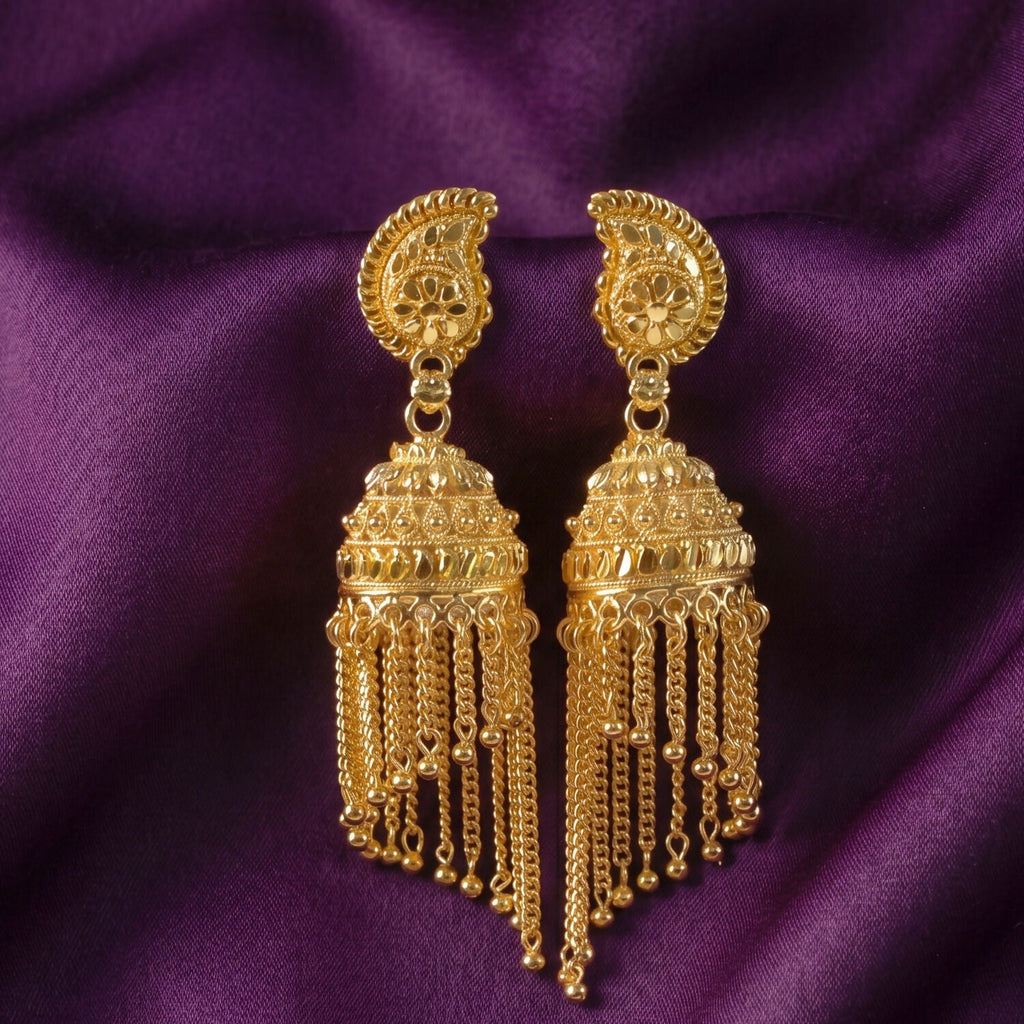 Exquisite Gold-Plated Jhumka Earrings with Chain Detailing and Pearl Drops for Celebrations