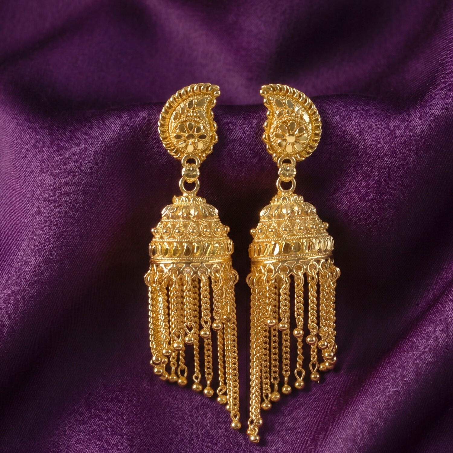Exquisite Gold-Plated Jhumka Earrings with Chain Detailing and Pearl Drops for Celebrations