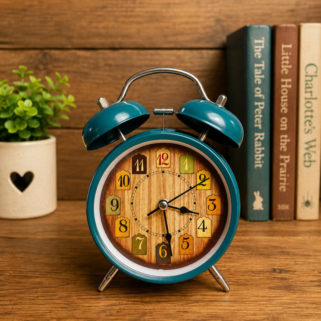 Vintage Twin Bell Alarm Clock with Wooden Dial for Table Decor (Random Color 1 PC)