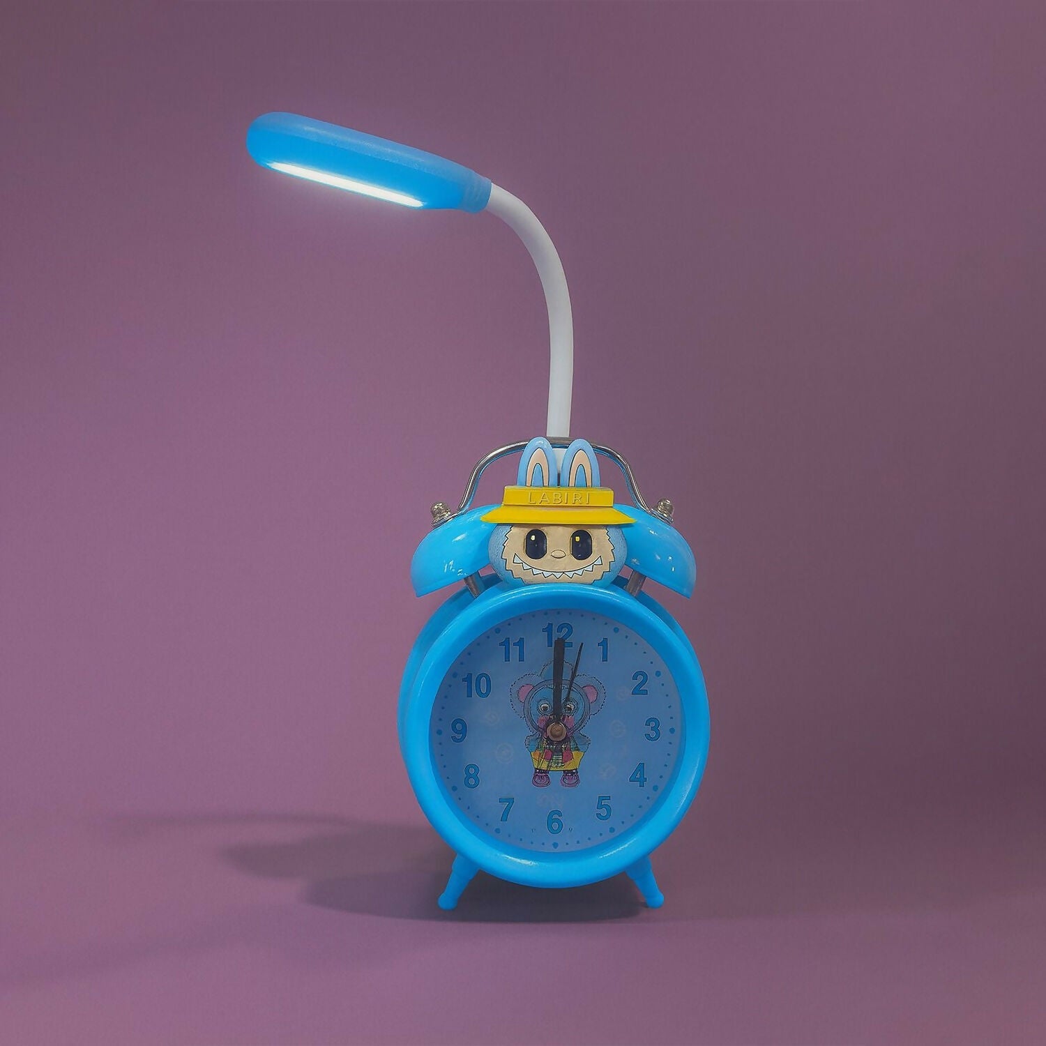 Kids Cartoon Blue Alarm Clock with LED Reading Lamp | Cute Rabbit Design, Dual Bell Analog Table Clock with Night Light, Adjustable LED Arm Lamp for Kids Bedroom, Study Table & Birthday Gift