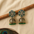 Antique Golden Jhumka Earrings with Green Stone Floral Top