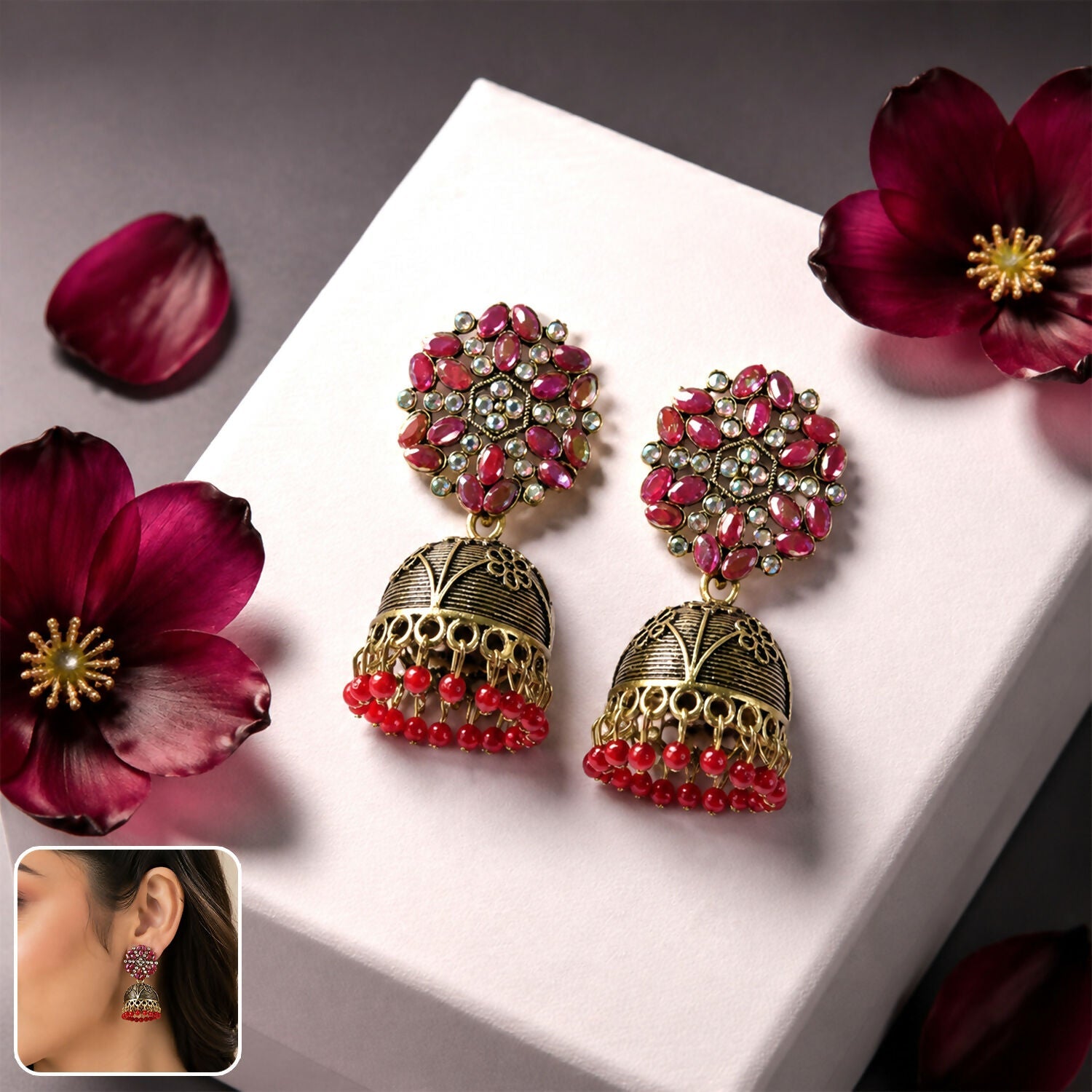 Antique Golden Jhumka Earrings with Red Stone Bead Hanging Floral Design