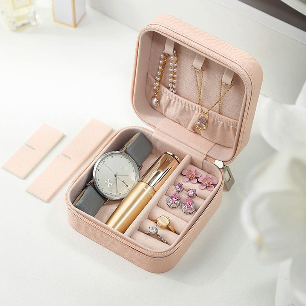 Mini PU Leather Travel Jewelry Organizer Box with Zipper Closure
