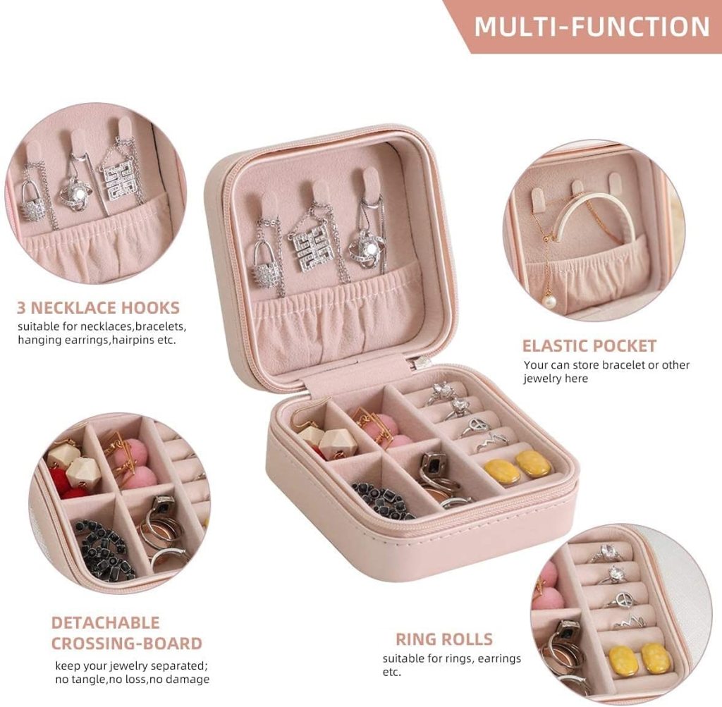 Mini PU Leather Travel Jewelry Organizer Box with Zipper Closure