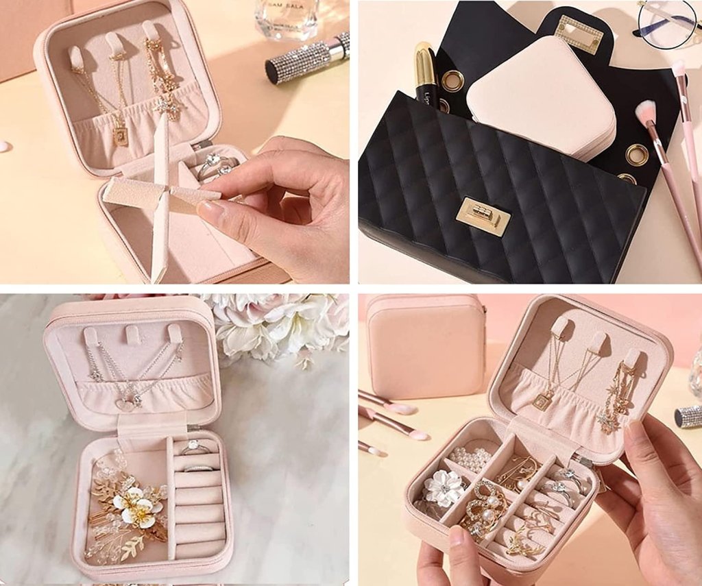 Mini PU Leather Travel Jewelry Organizer Box with Zipper Closure