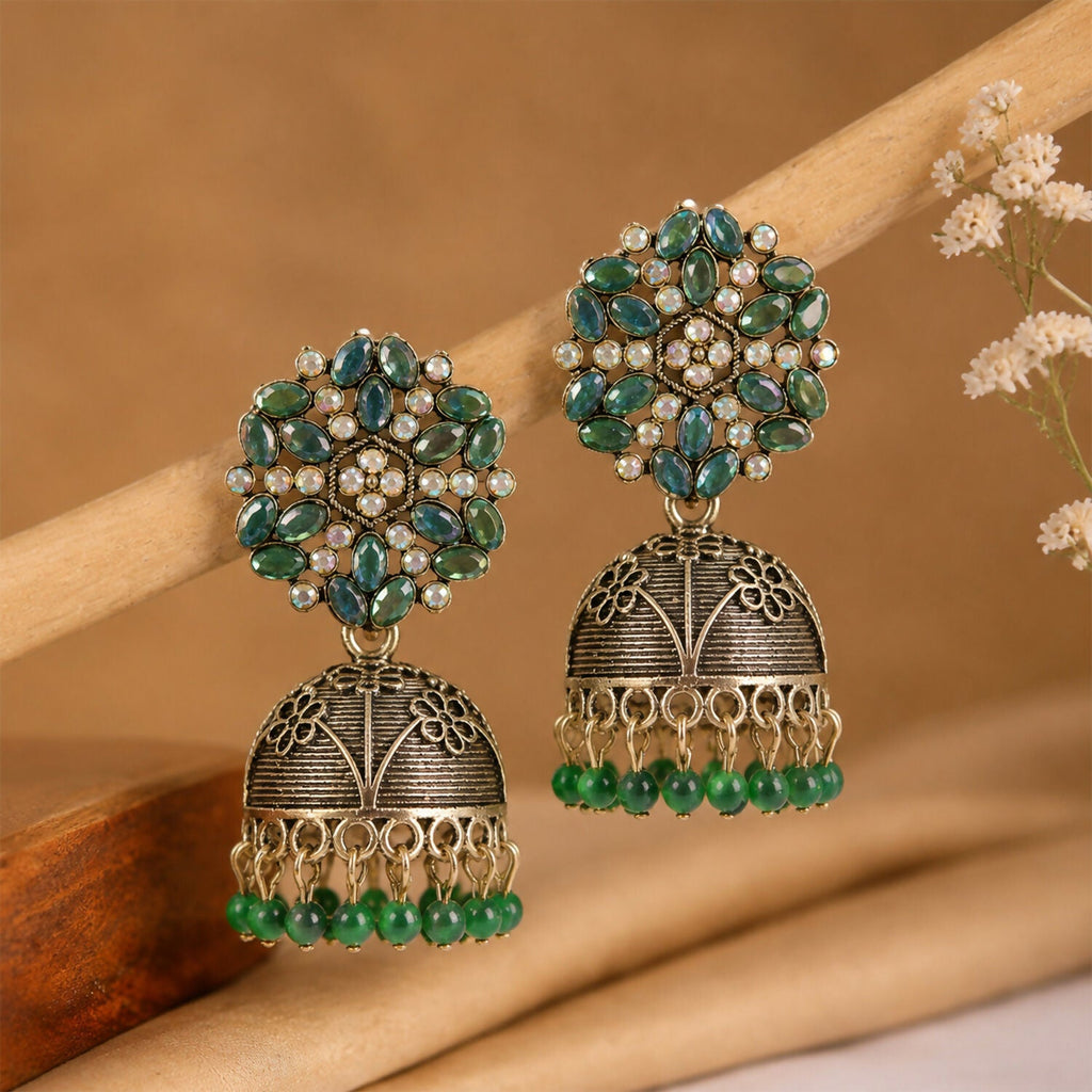 Antique Golden Jhumka Earrings with Green Stone Floral Top