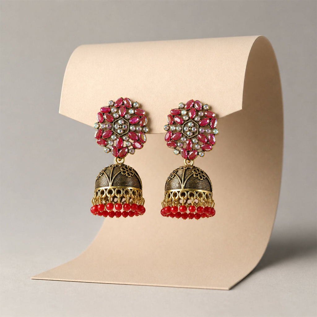 Antique Golden Jhumka Earrings with Red Stone Bead Hanging Floral Design