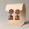 Antique Golden Jhumka Earrings with Red Stone Bead Hanging Floral Design