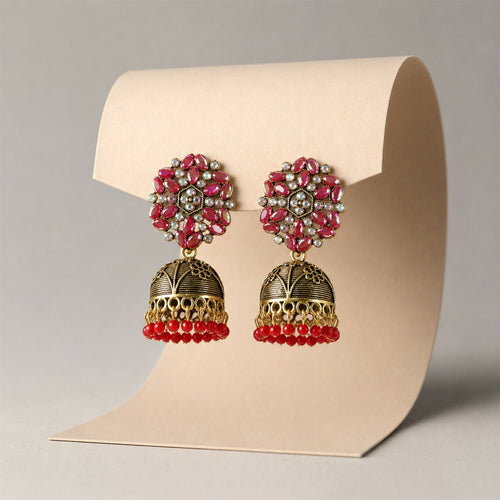 Antique Golden Jhumka Earrings with Red Stone Bead Hanging Floral Design