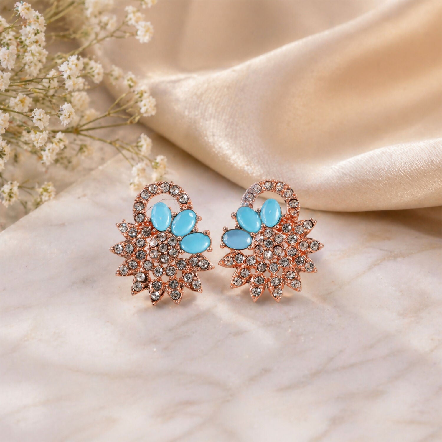 Elegant Blue Stone Floral Necklace Set with Matching Earrings for Women