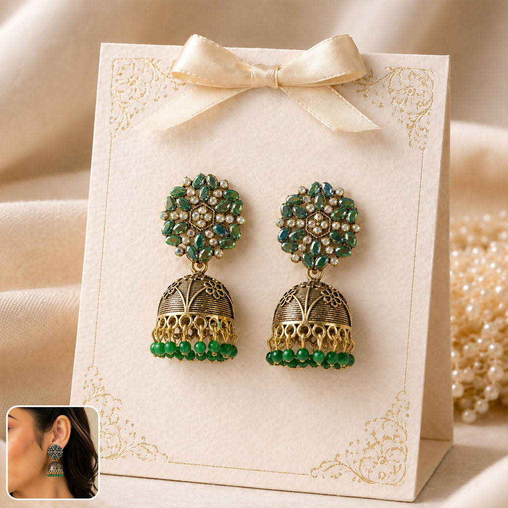 Antique Golden Jhumka Earrings with Green Stone Floral Top