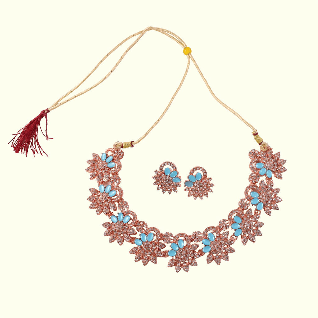 Elegant Blue Stone Floral Necklace Set with Matching Earrings for Women