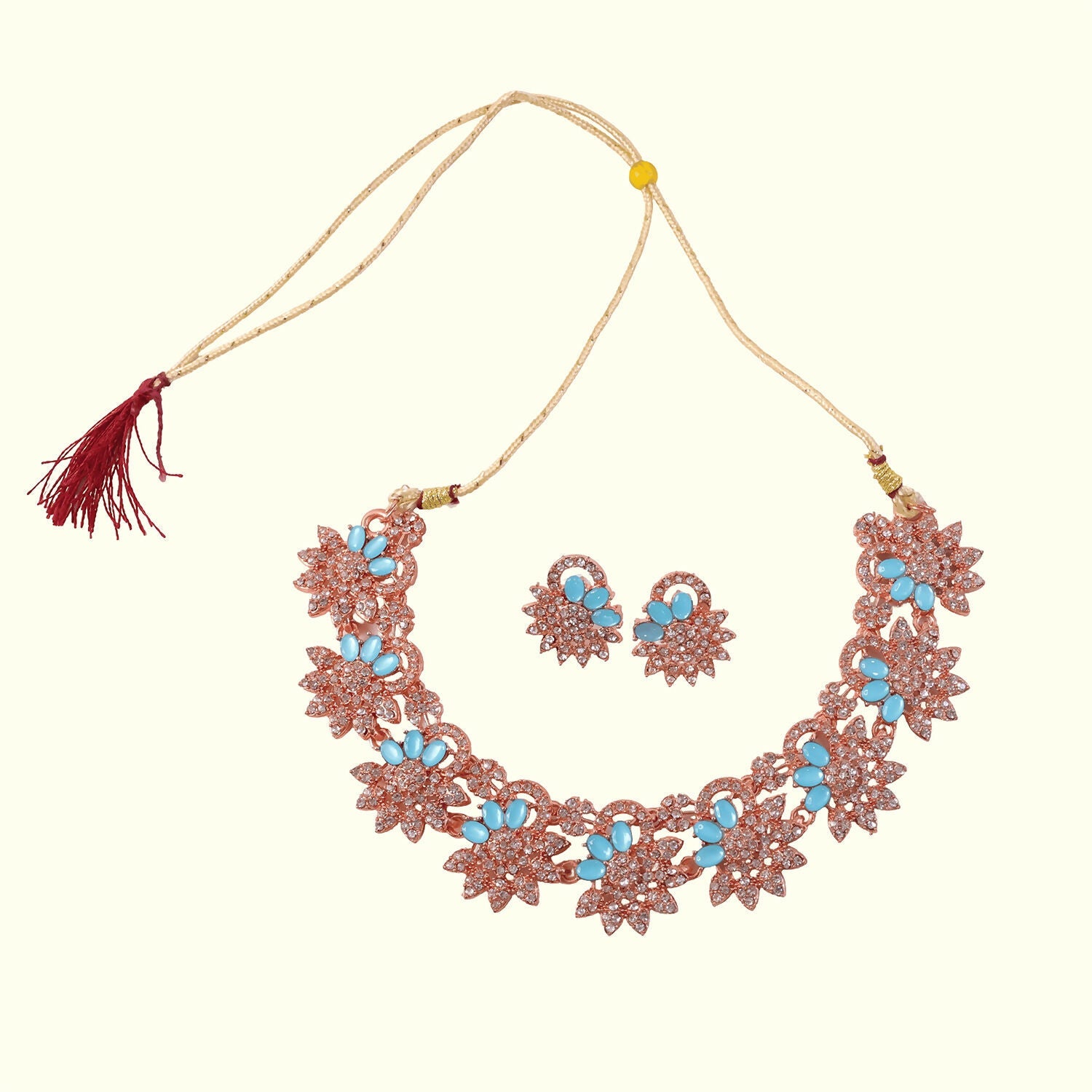 Elegant Blue Stone Floral Necklace Set with Matching Earrings for Women
