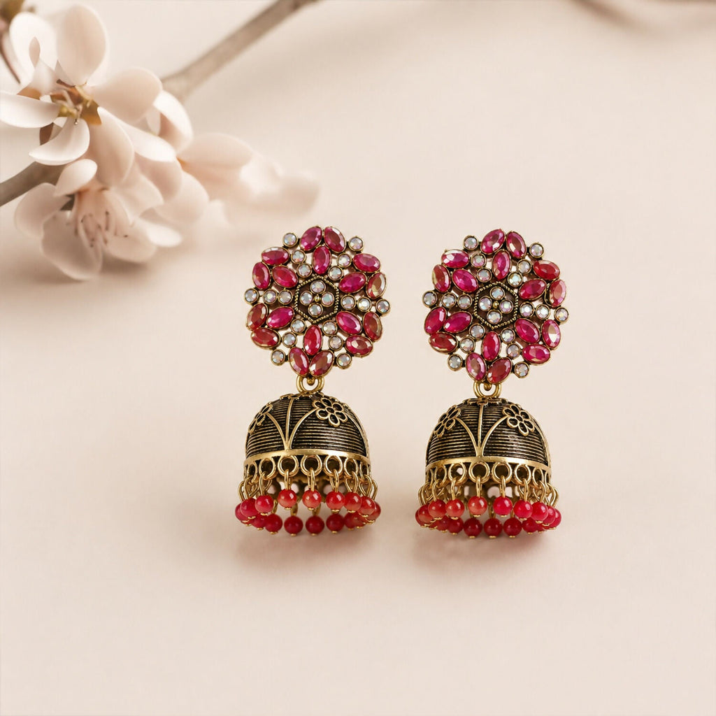 Antique Golden Jhumka Earrings with Red Stone Bead Hanging Floral Design