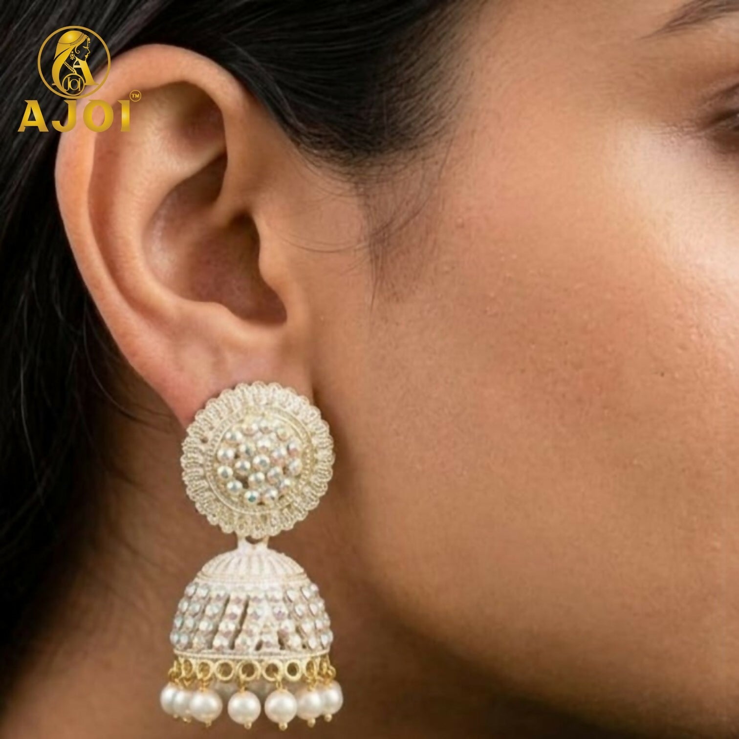 Gold Plated Pearl Jhumka Earrings with White Elegant Ethnic