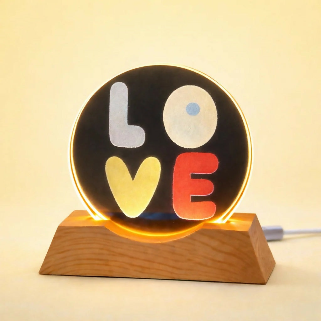 LOVE LED Acrylic Lamp with Wooden Base Decorative Night Light