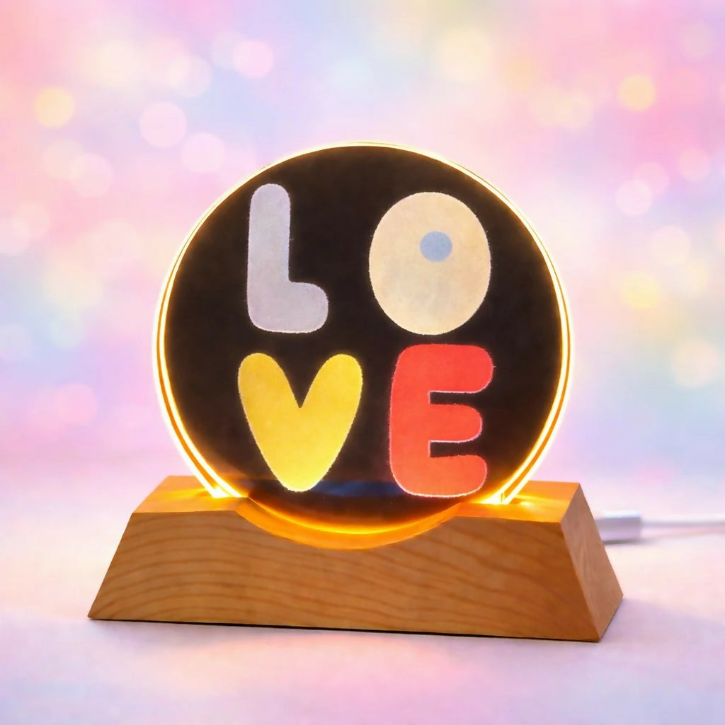 LOVE LED Acrylic Lamp with Wooden Base Decorative Night Light