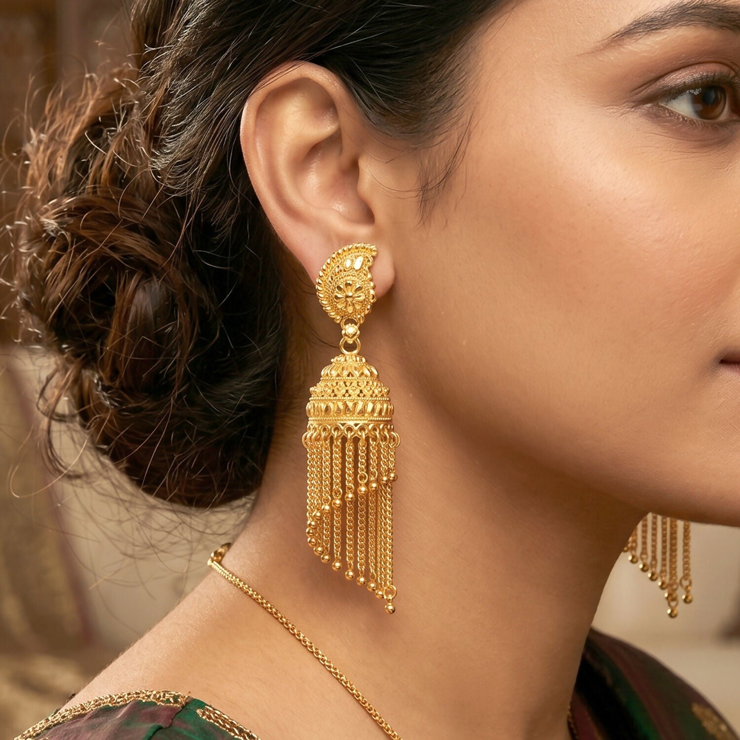 Exquisite Gold-Plated Jhumka Earrings with Chain Detailing and Pearl Drops for Celebrations