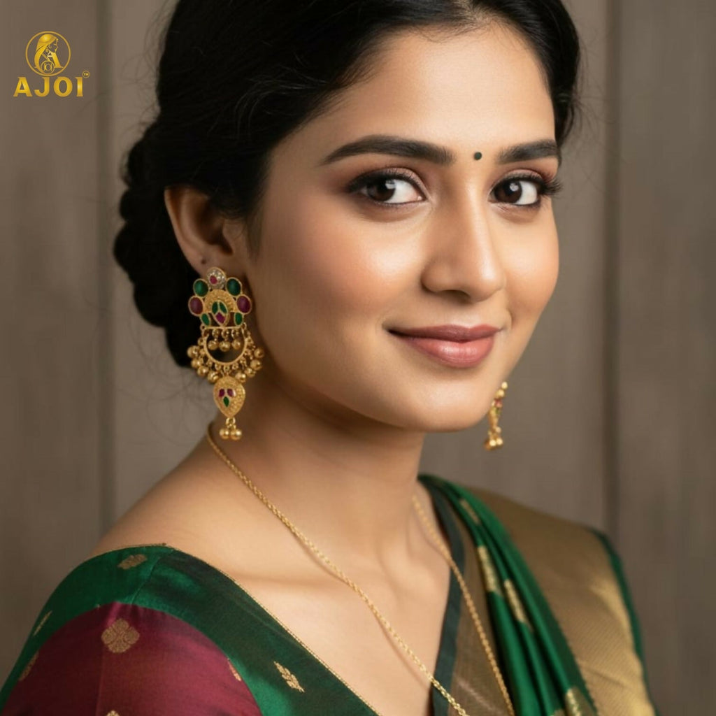 Kasmiri Gold-Plated Chandbali Earrings with Green & Pink Stones