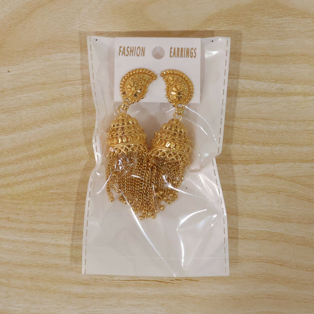 Exquisite Gold-Plated Jhumka Earrings with Chain Detailing and Pearl Drops for Celebrations