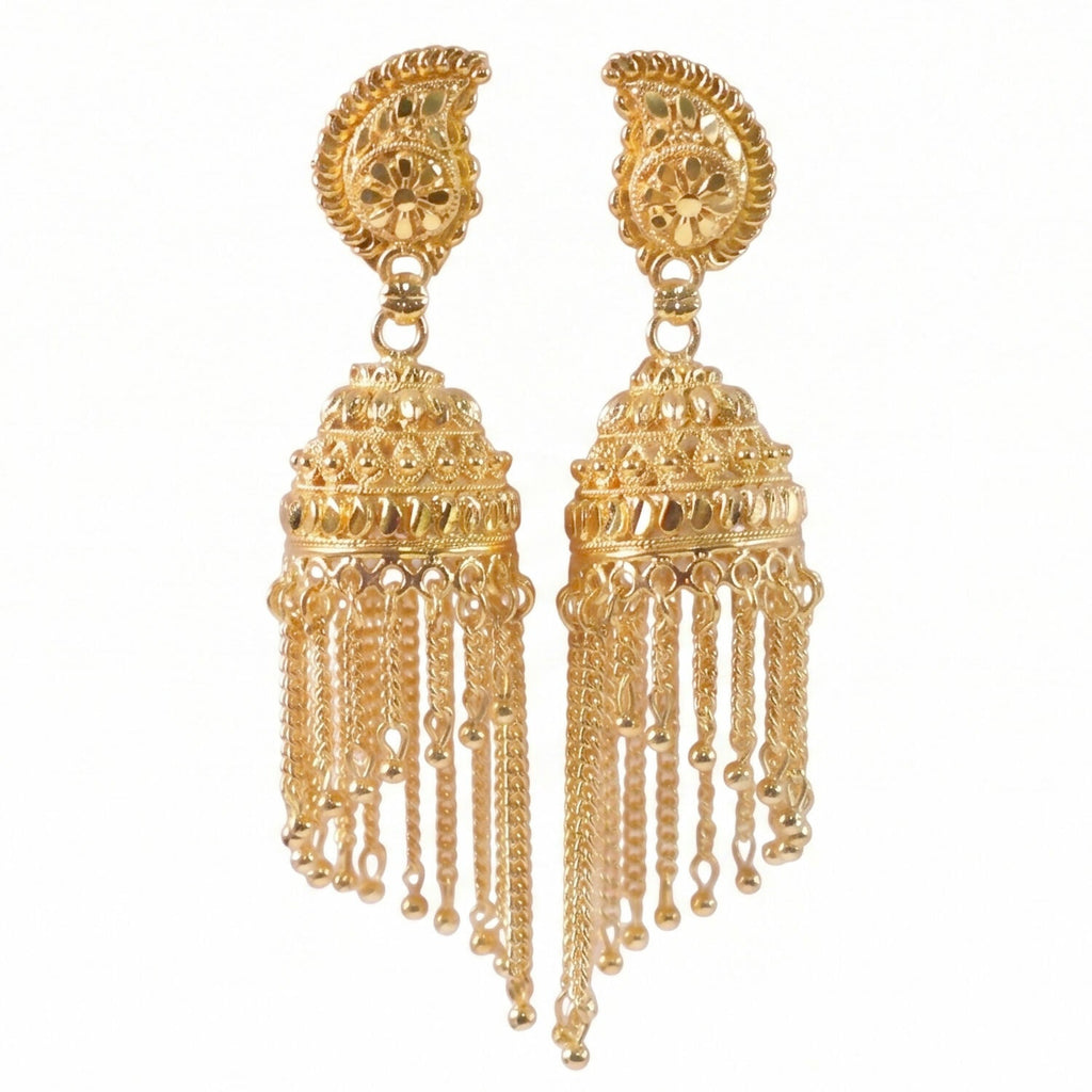 Exquisite Gold-Plated Jhumka Earrings with Chain Detailing and Pearl Drops for Celebrations