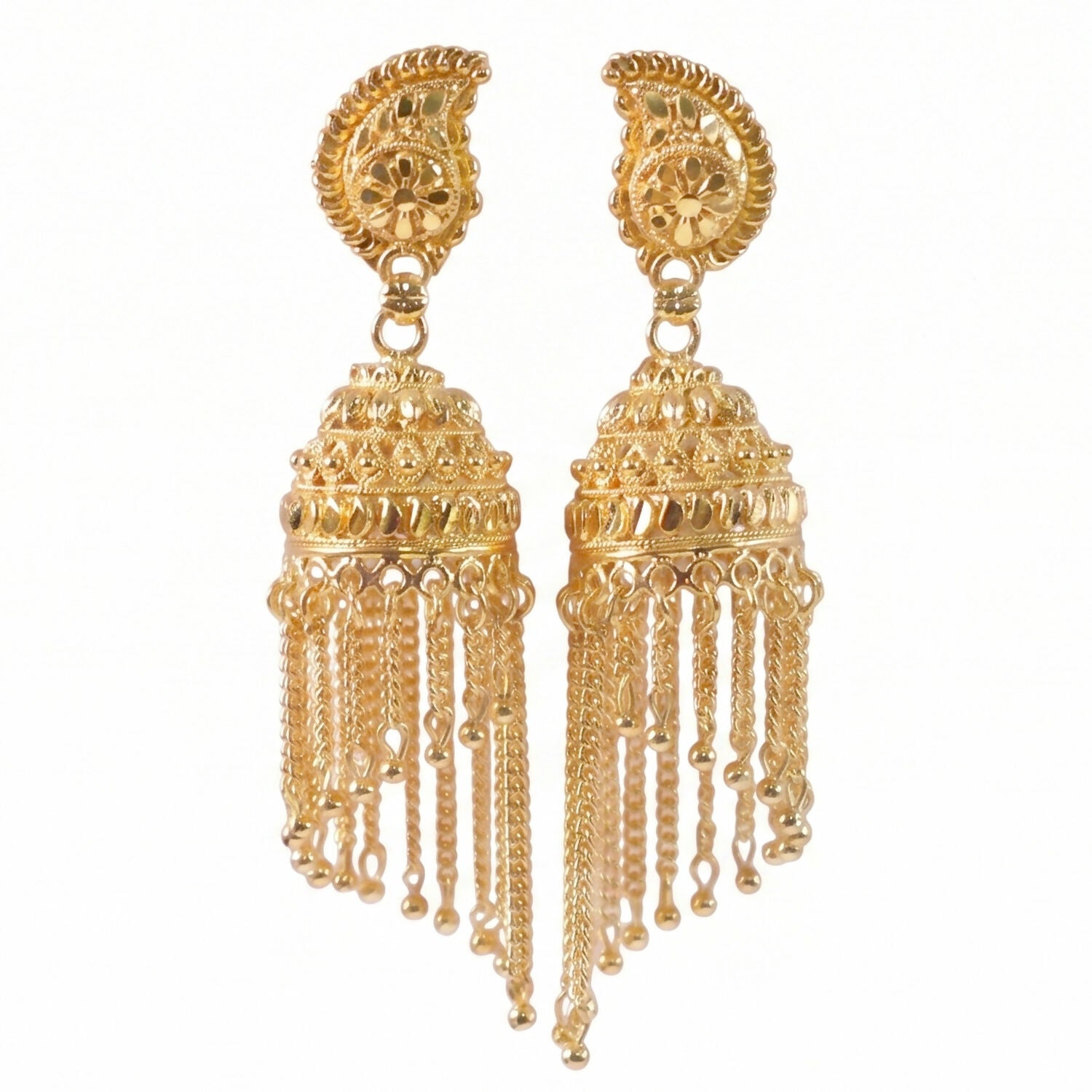 Exquisite Gold-Plated Jhumka Earrings with Chain Detailing and Pearl Drops for Celebrations