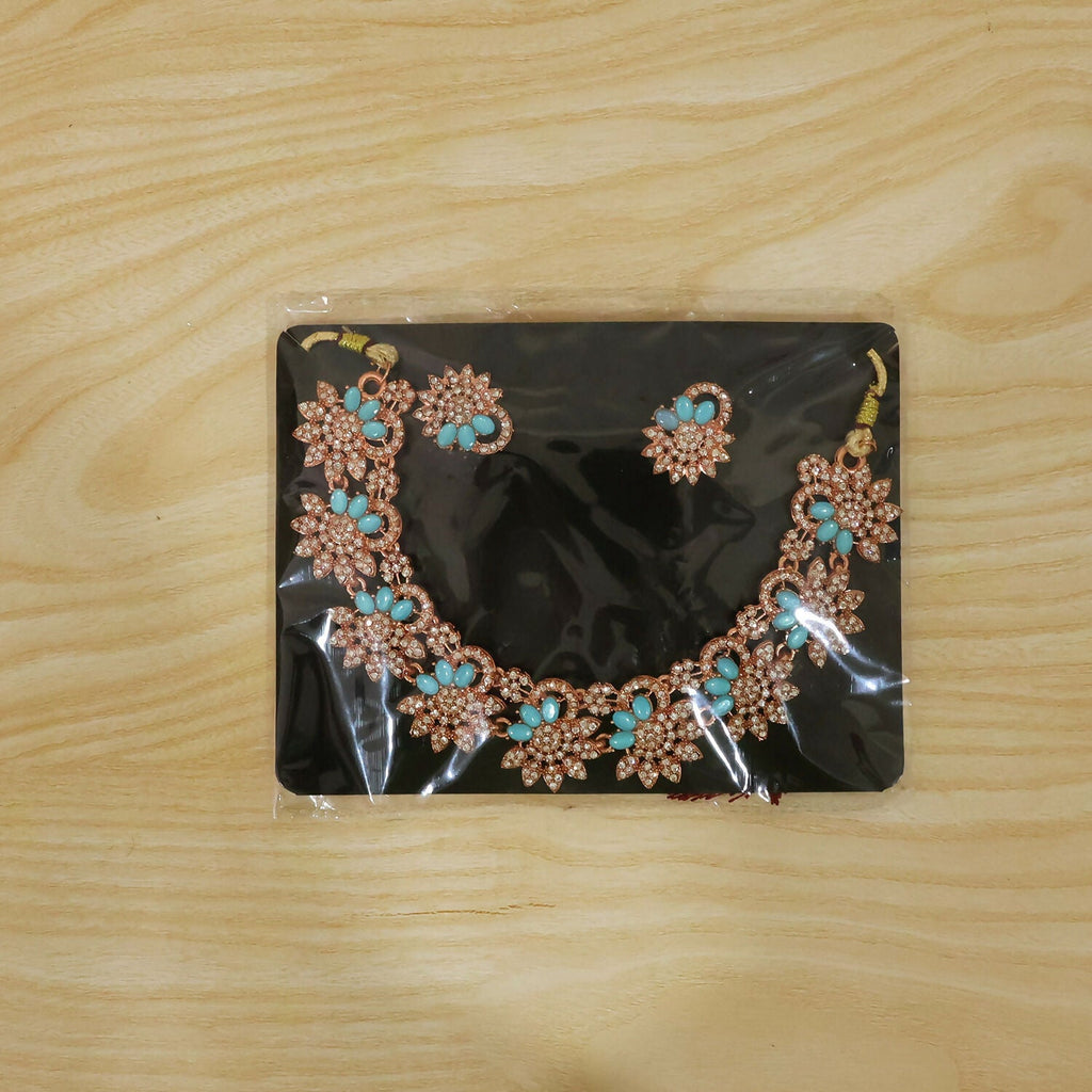 Elegant Blue Stone Floral Necklace Set with Matching Earrings for Women