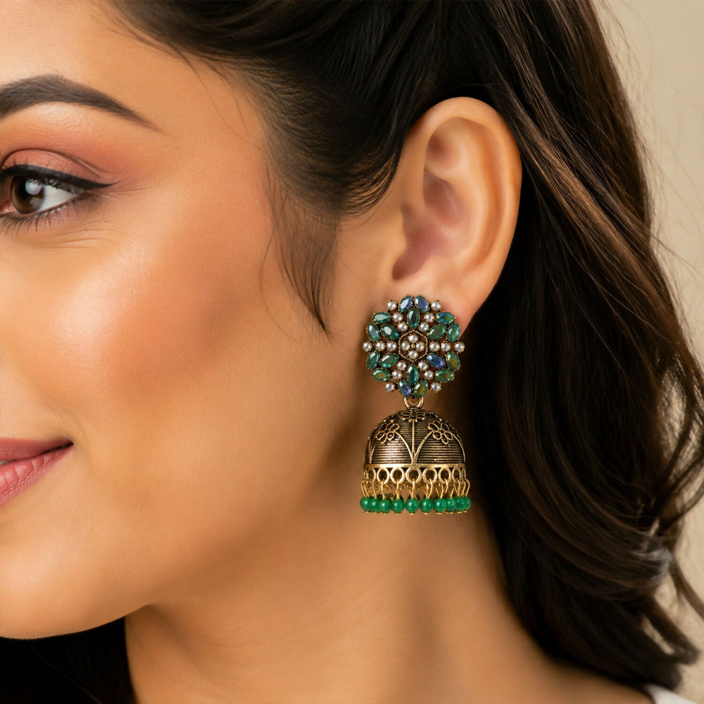 Antique Golden Jhumka Earrings with Green Stone Floral Top