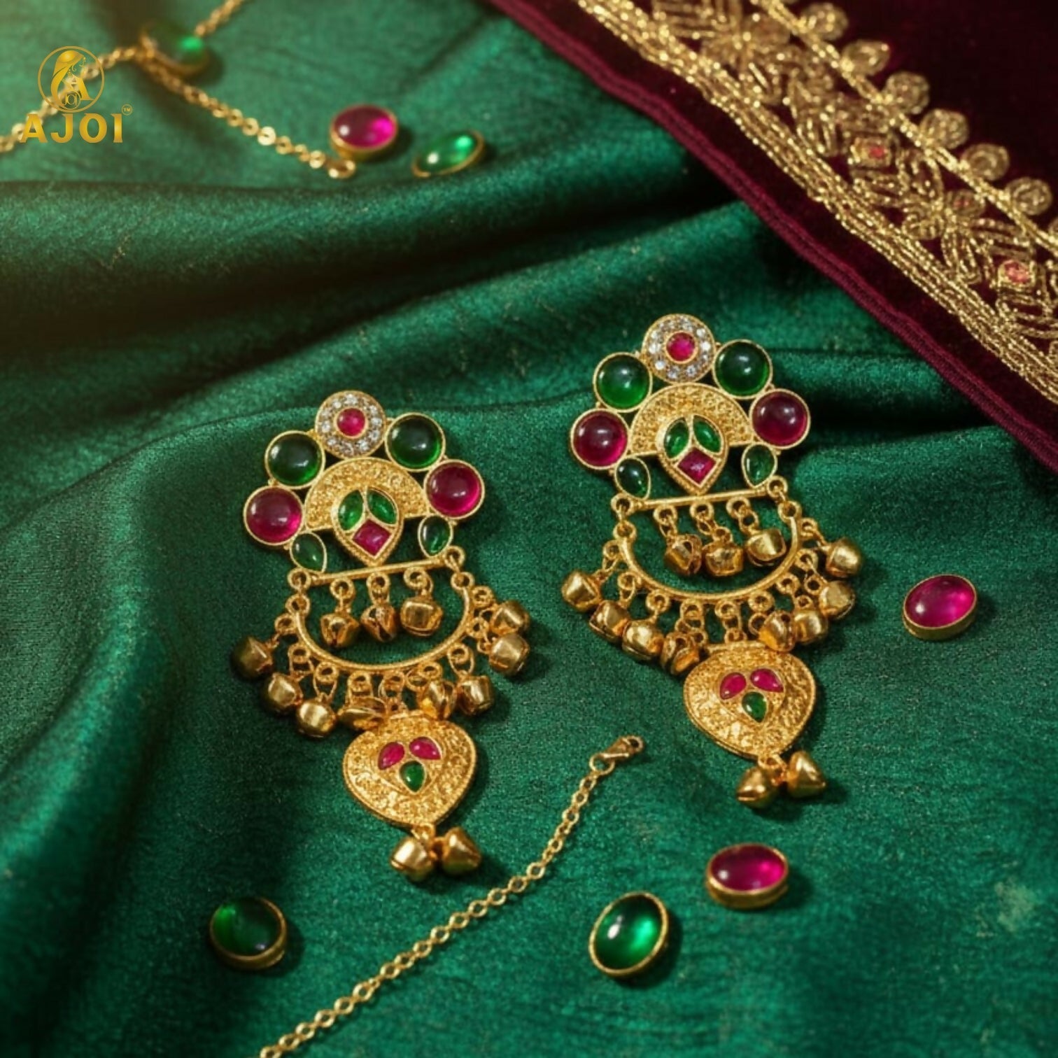 Kasmiri Gold-Plated Chandbali Earrings with Green & Pink Stones