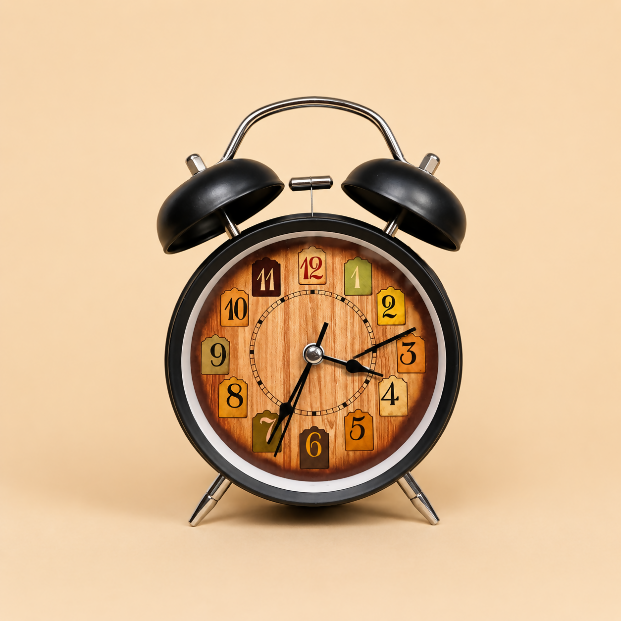 Vintage Twin Bell Alarm Clock with Wooden Dial for Table Decor (Random Color 1 PC)