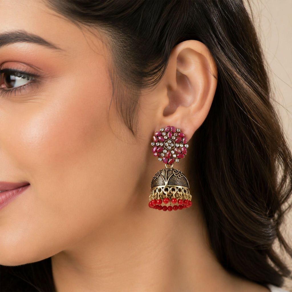Antique Golden Jhumka Earrings with Red Stone Bead Hanging Floral Design