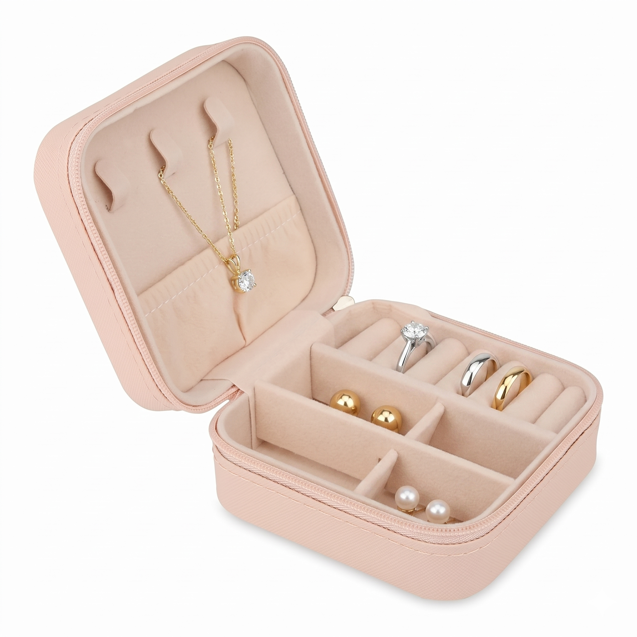 Mini PU Leather Travel Jewelry Organizer Box with Zipper Closure