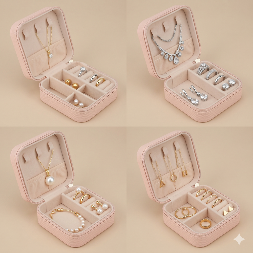 Mini PU Leather Travel Jewelry Organizer Box with Zipper Closure