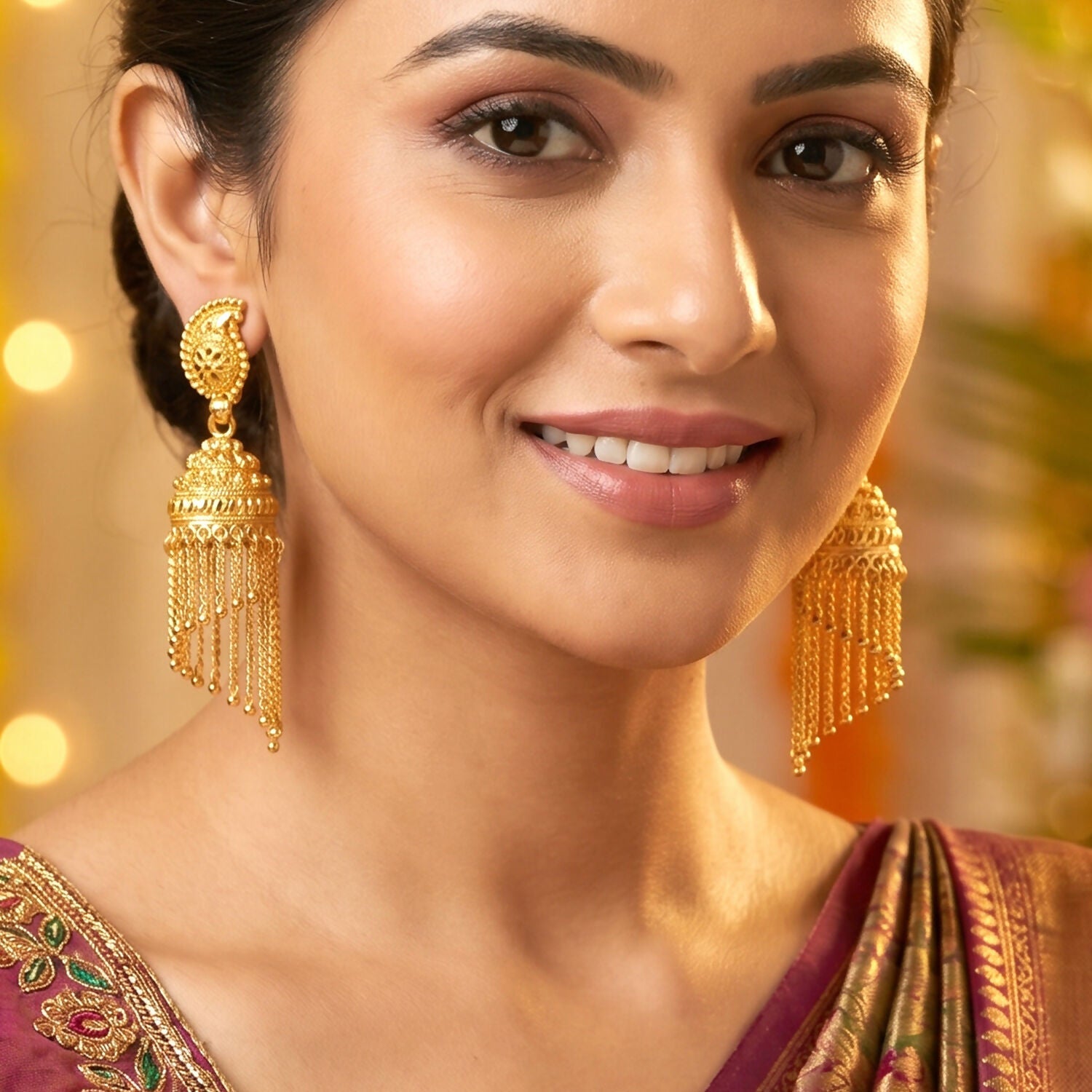 Exquisite Gold-Plated Jhumka Earrings with Chain Detailing and Pearl Drops for Celebrations