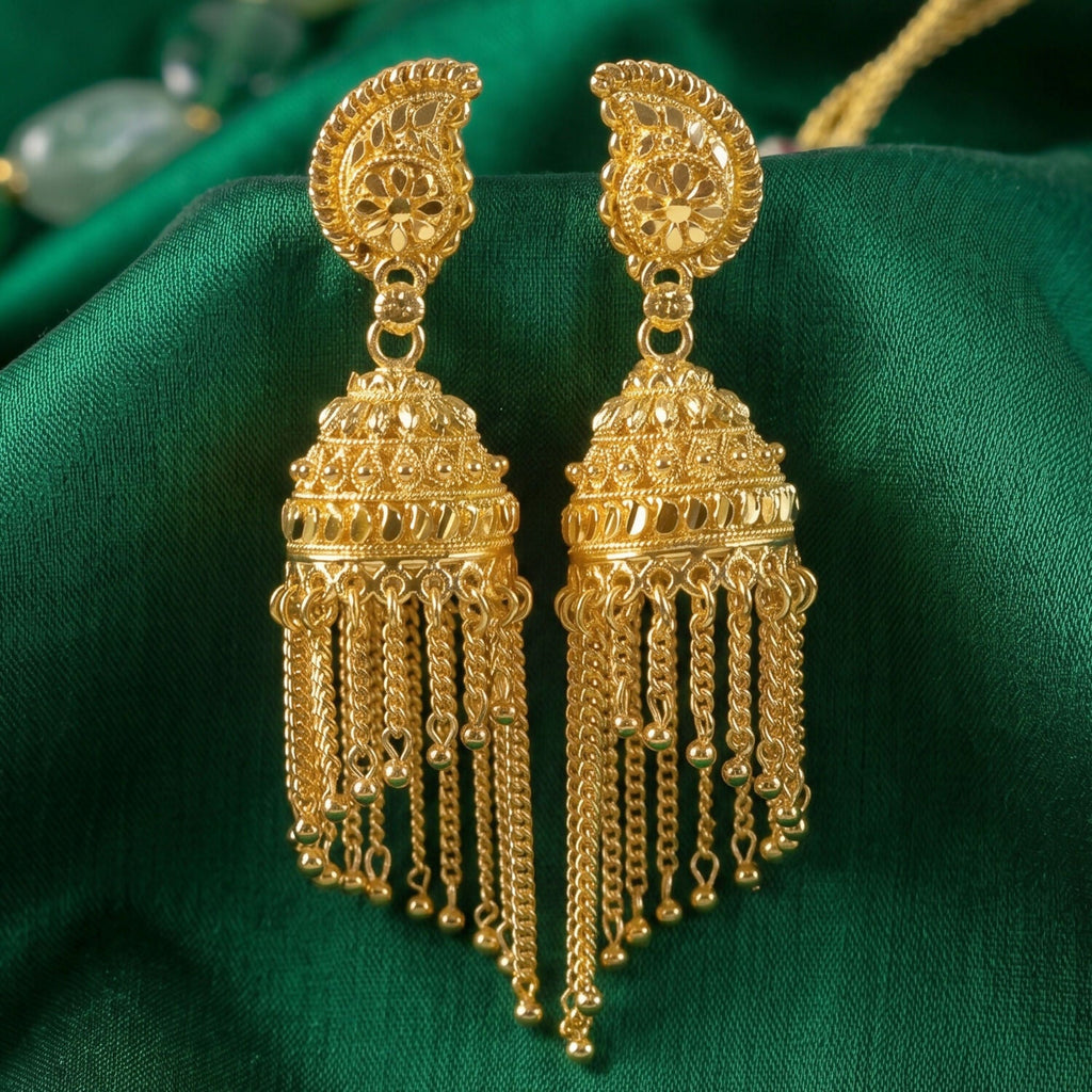 Exquisite Gold-Plated Jhumka Earrings with Chain Detailing and Pearl Drops for Celebrations