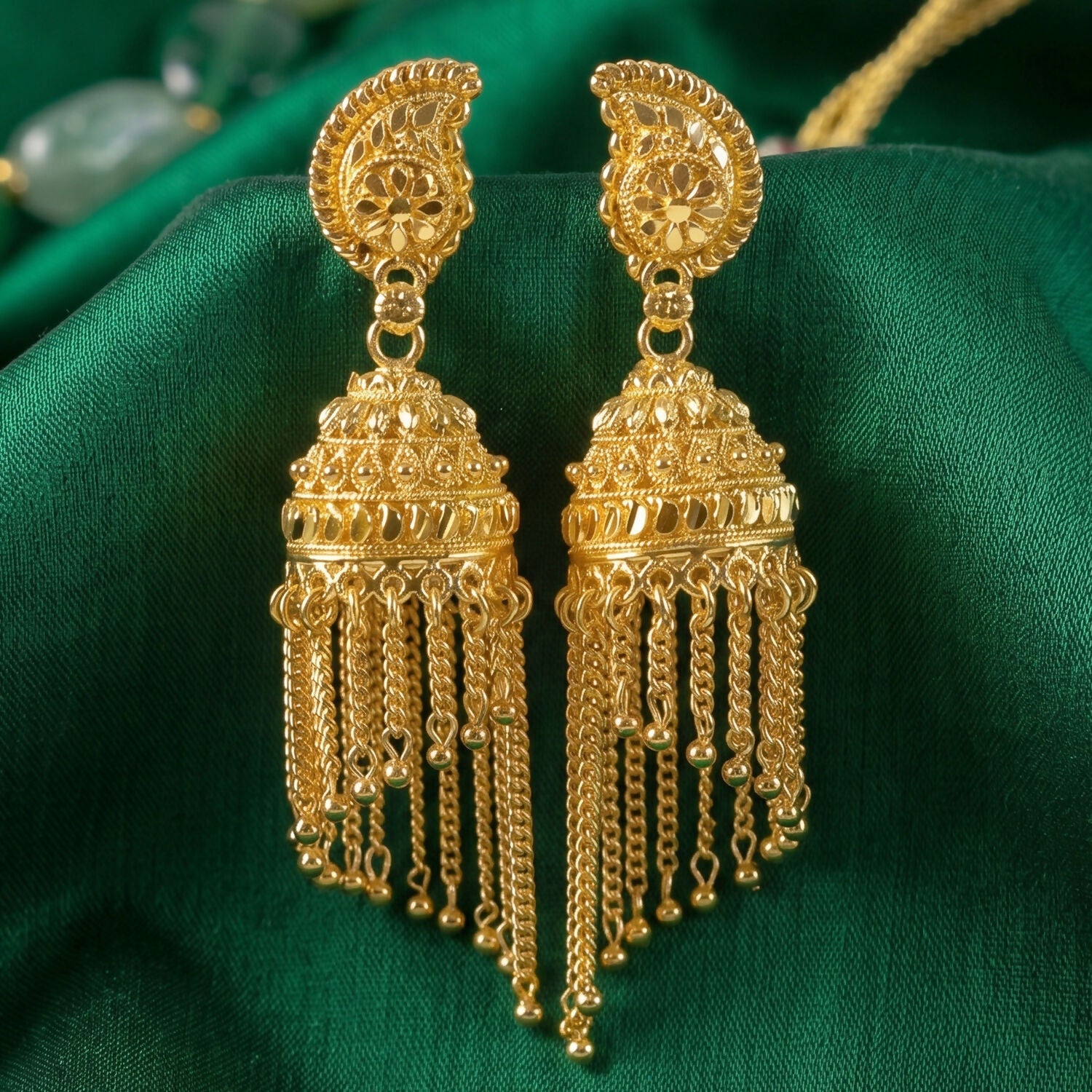 Exquisite Gold-Plated Jhumka Earrings with Chain Detailing and Pearl Drops for Celebrations